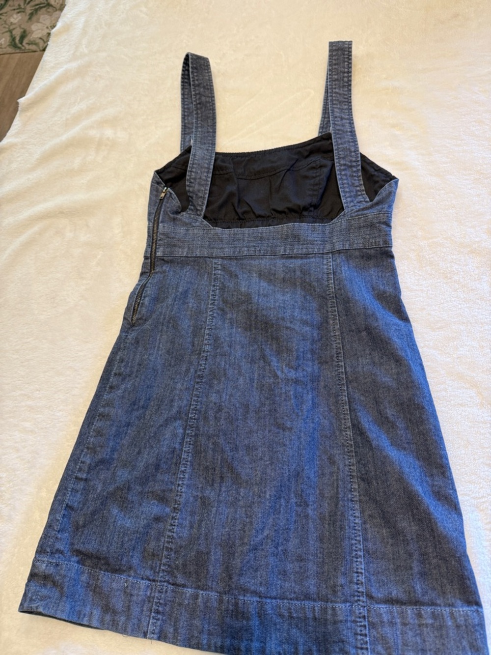 American Rag Dark Denim Mini Pinafore Dress with dark brown buttons & side zip - Picture 2 of 6